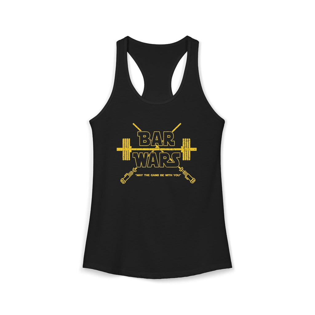 Black tank top with yellow 'Bar Wars' graphic design on a white background