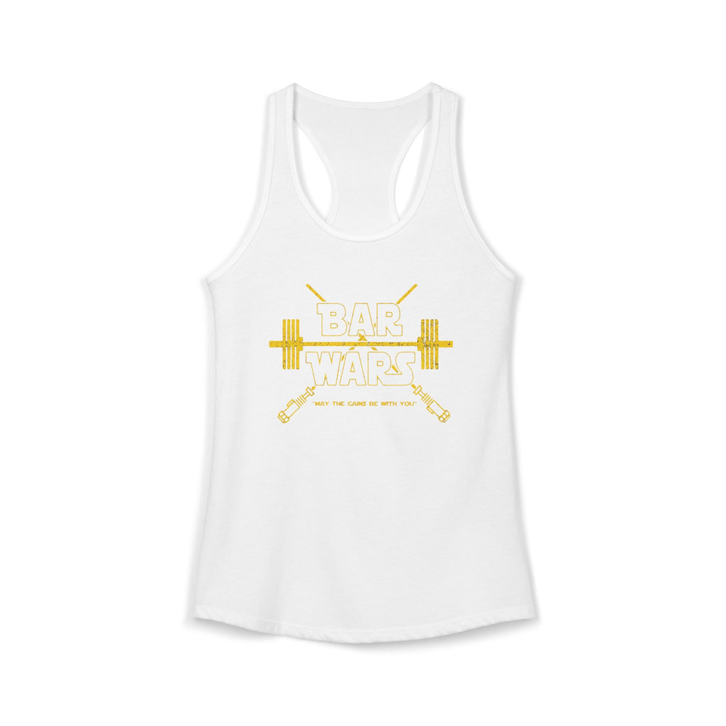 White tank top with yellow 'Bar Wars' graphic on a white background
