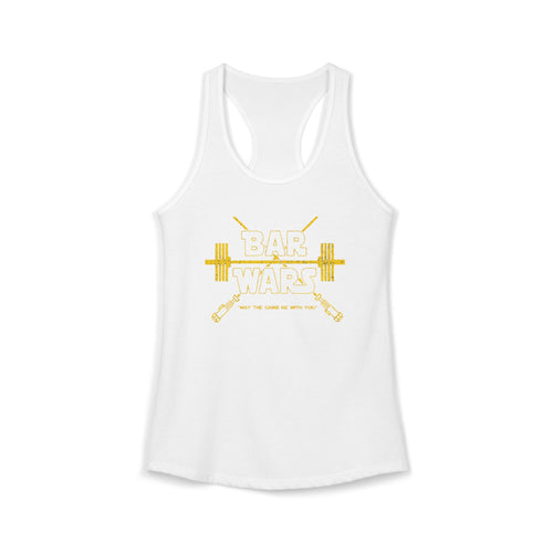 White tank top with yellow 'Bar Wars' graphic on a white background