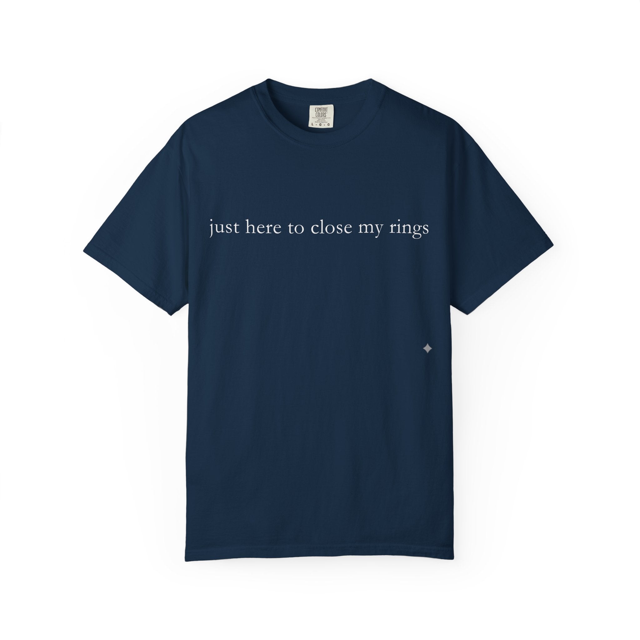 Navy blue t-shirt with white text on a white background