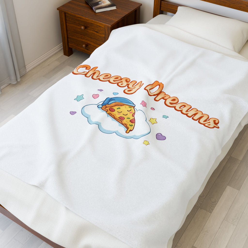 Cheesy Dreams Pizza Plush Blanket – Cozy Food Pun Velveteen Throw, Pastel Snack Humor Comfort Blanket