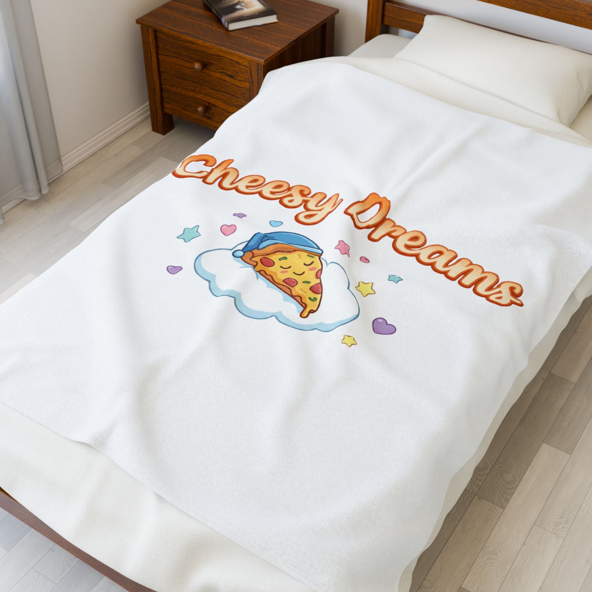 Cheesy Dreams Pizza Plush Blanket – Cozy Food Pun Velveteen Throw, Pastel Snack Humor Comfort Blanket
