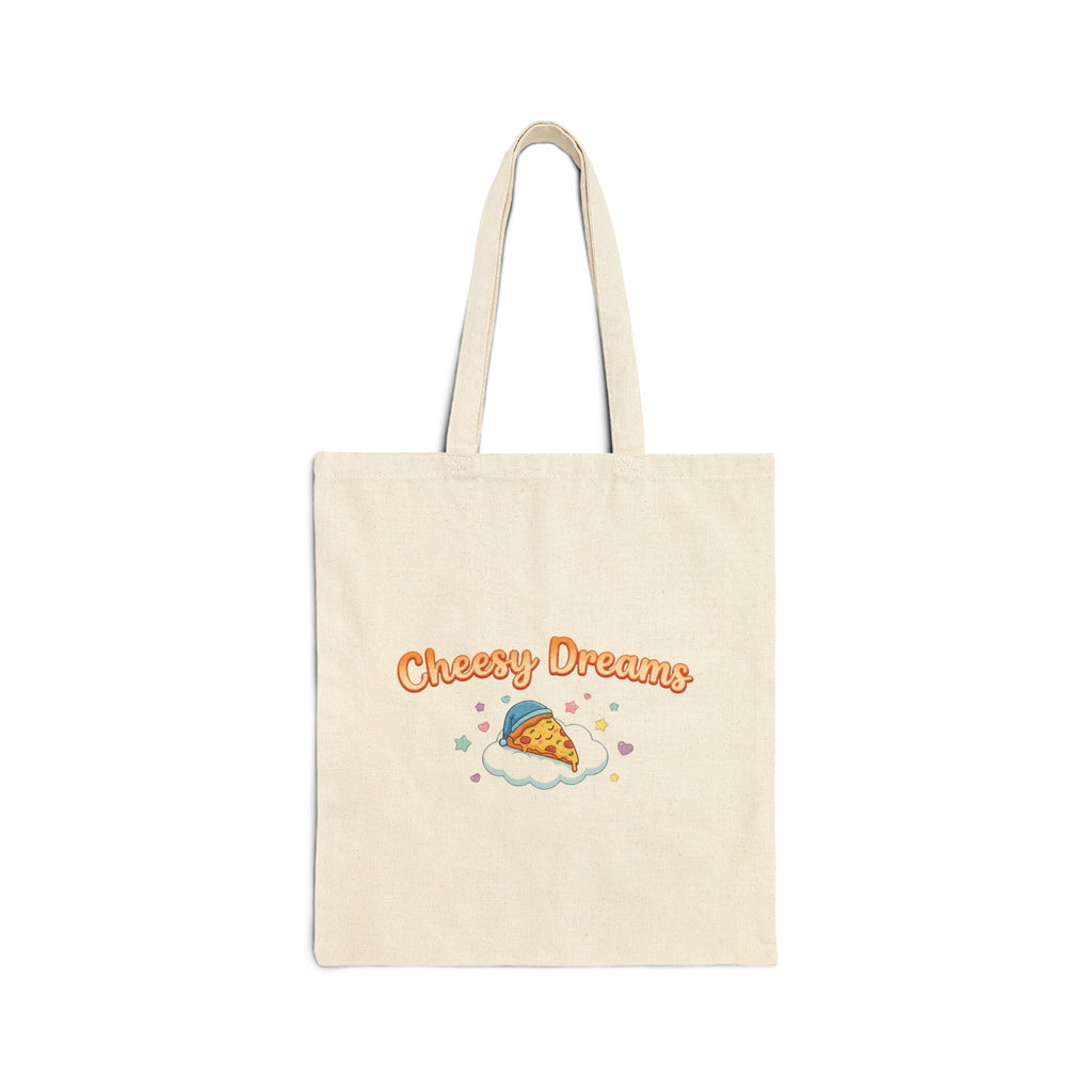 Beige tote bag with 'Cheesy Dreams' text and pizza graphic on a white background