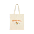 Beige tote bag with 'Cheesy Dreams' text and pizza graphic on a white background