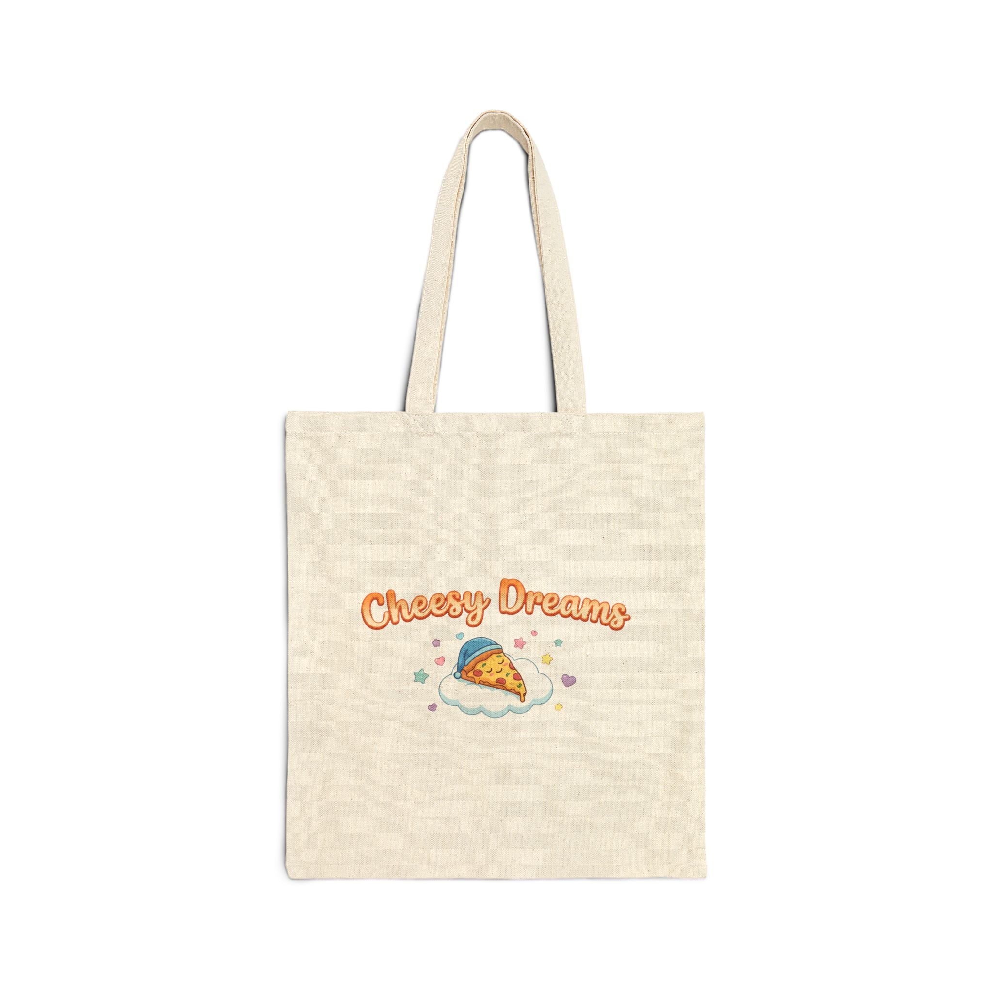 Beige tote bag with 'Cheesy Dreams' text and pizza graphic on a white background