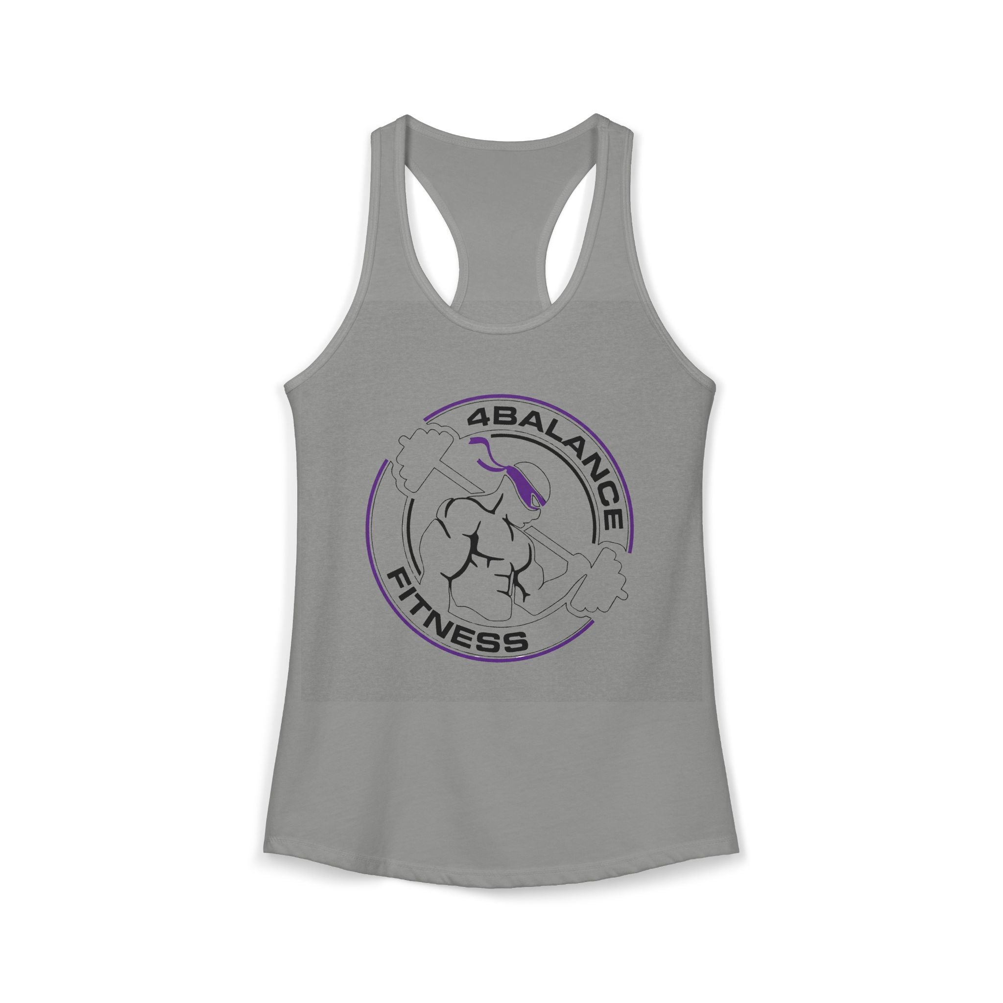 Gray tank top with a purple and black logo on a white background