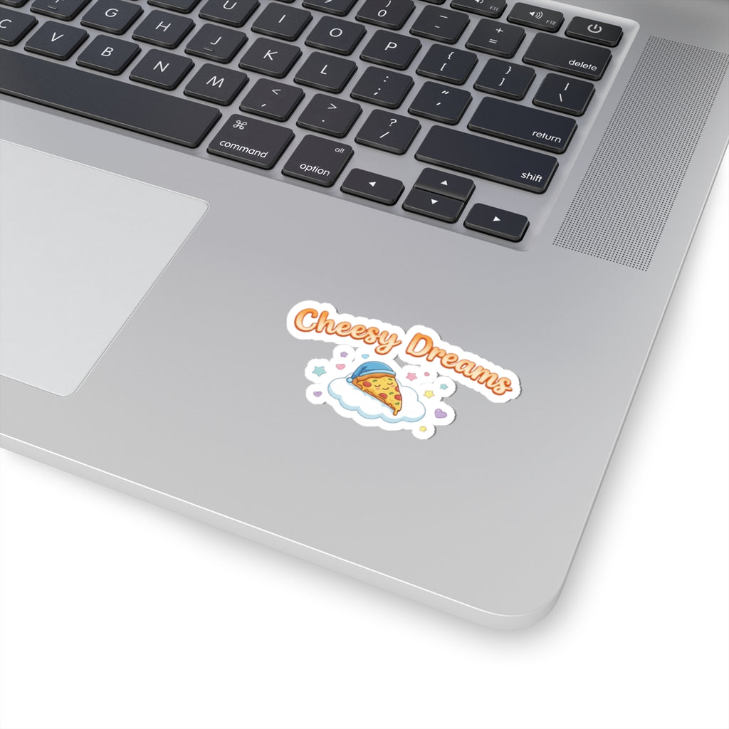 Cheesy Dreams Pizza Sticker – Cute Food Pun Vinyl Decal, Cozy Pastel Snack Humor Kiss-Cut Sticker