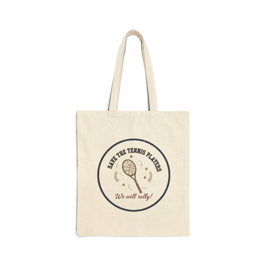 Beige tote bag with tennis-themed design on a white background