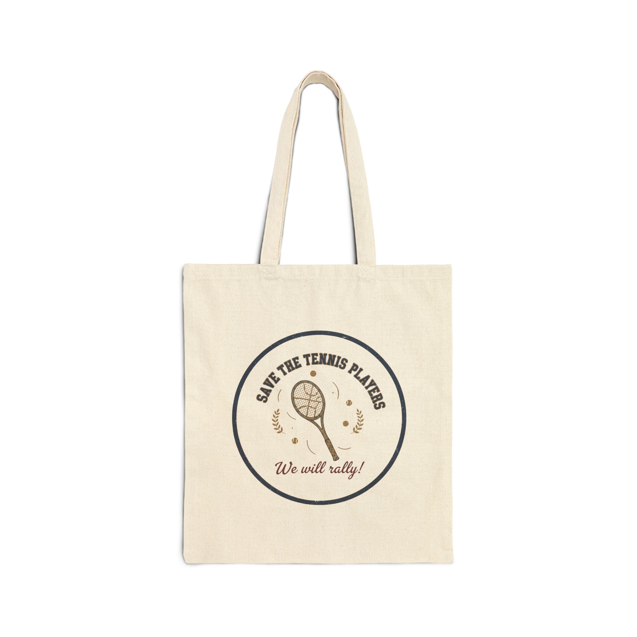 Beige tote bag with tennis-themed design on a white background