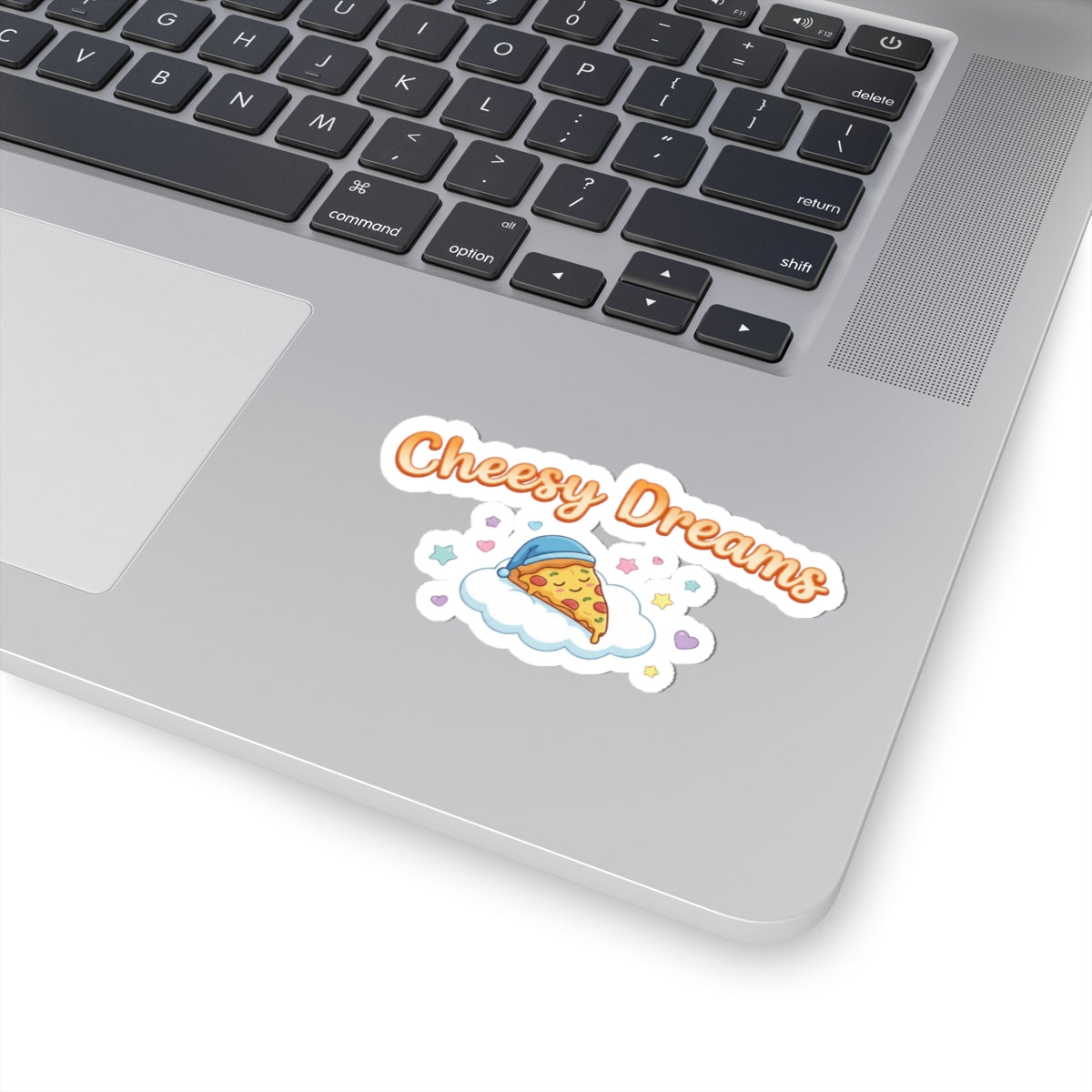 Cheesy Dreams Pizza Sticker – Cute Food Pun Vinyl Decal, Cozy Pastel Snack Humor Kiss-Cut Sticker