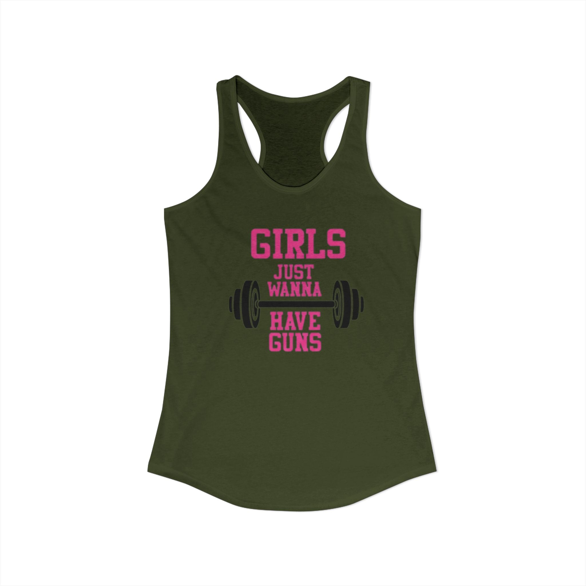 Green tank top with pink text 'GIRLS JUST WANNA HAVE GUNS' on a white background