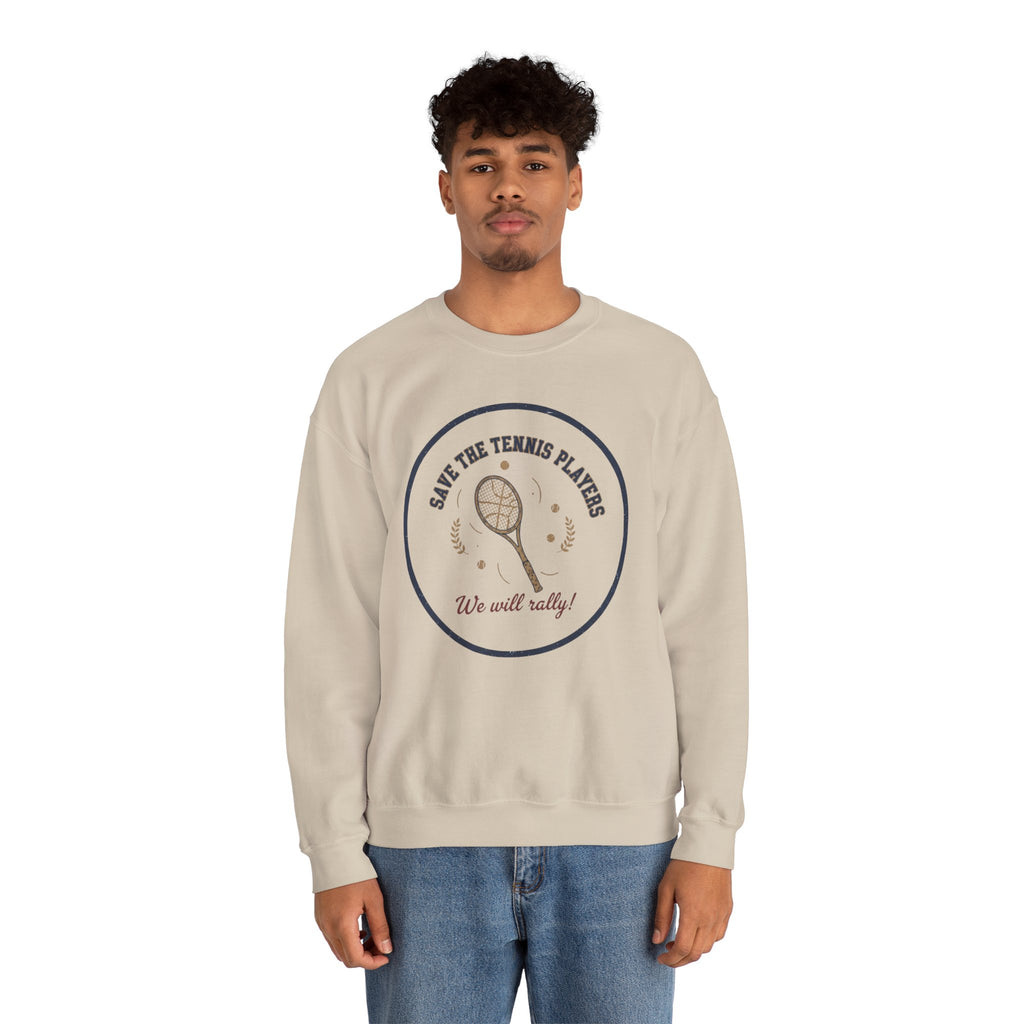 Save the Tennis Players Crewneck Sweatshirt | tennis meme apparel, racquet sport humor