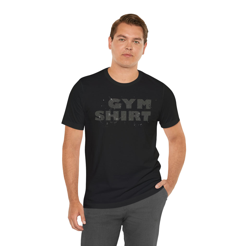 Man wearing a black t-shirt with 'GYM SHIRT' text on a white background