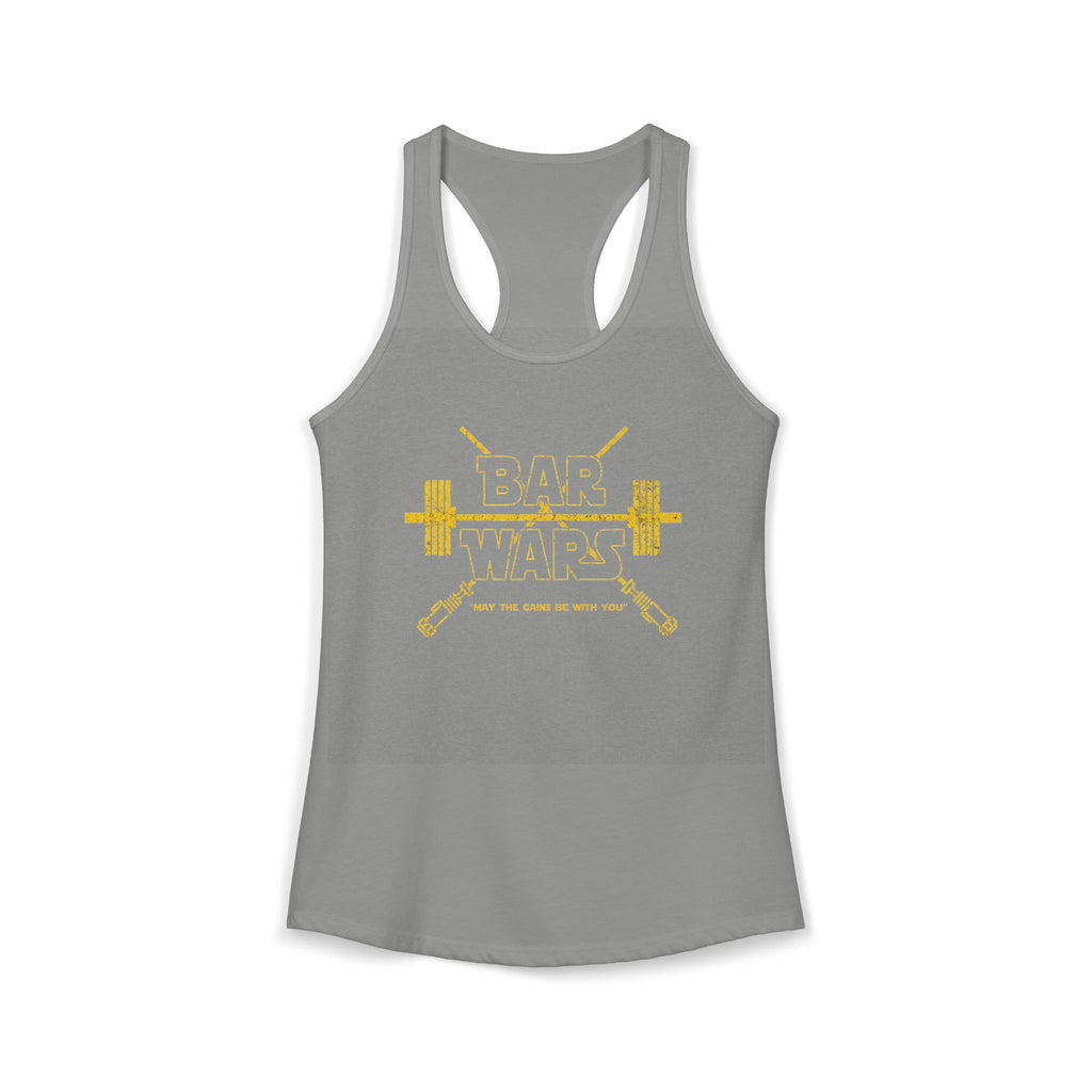 Gray tank top with yellow 'Bar Wars' graphic on a white background