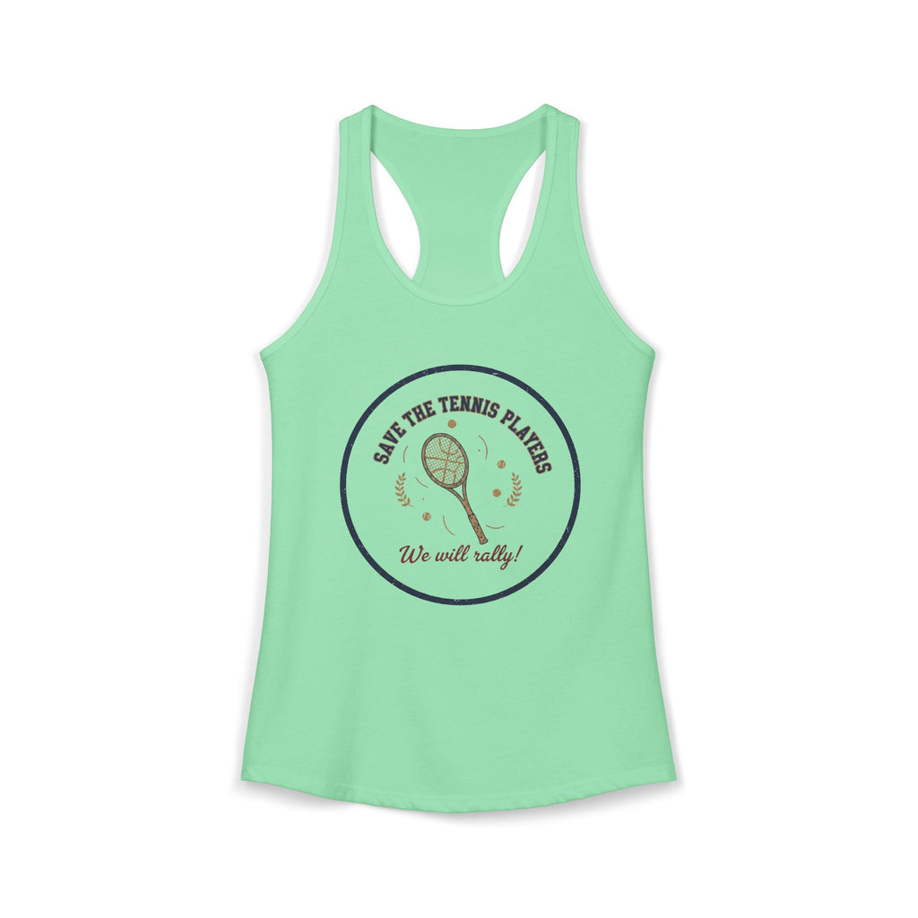 Mint green tank top with tennis-themed graphic and text on a white background