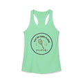 Mint green tank top with tennis-themed graphic and text on a white background