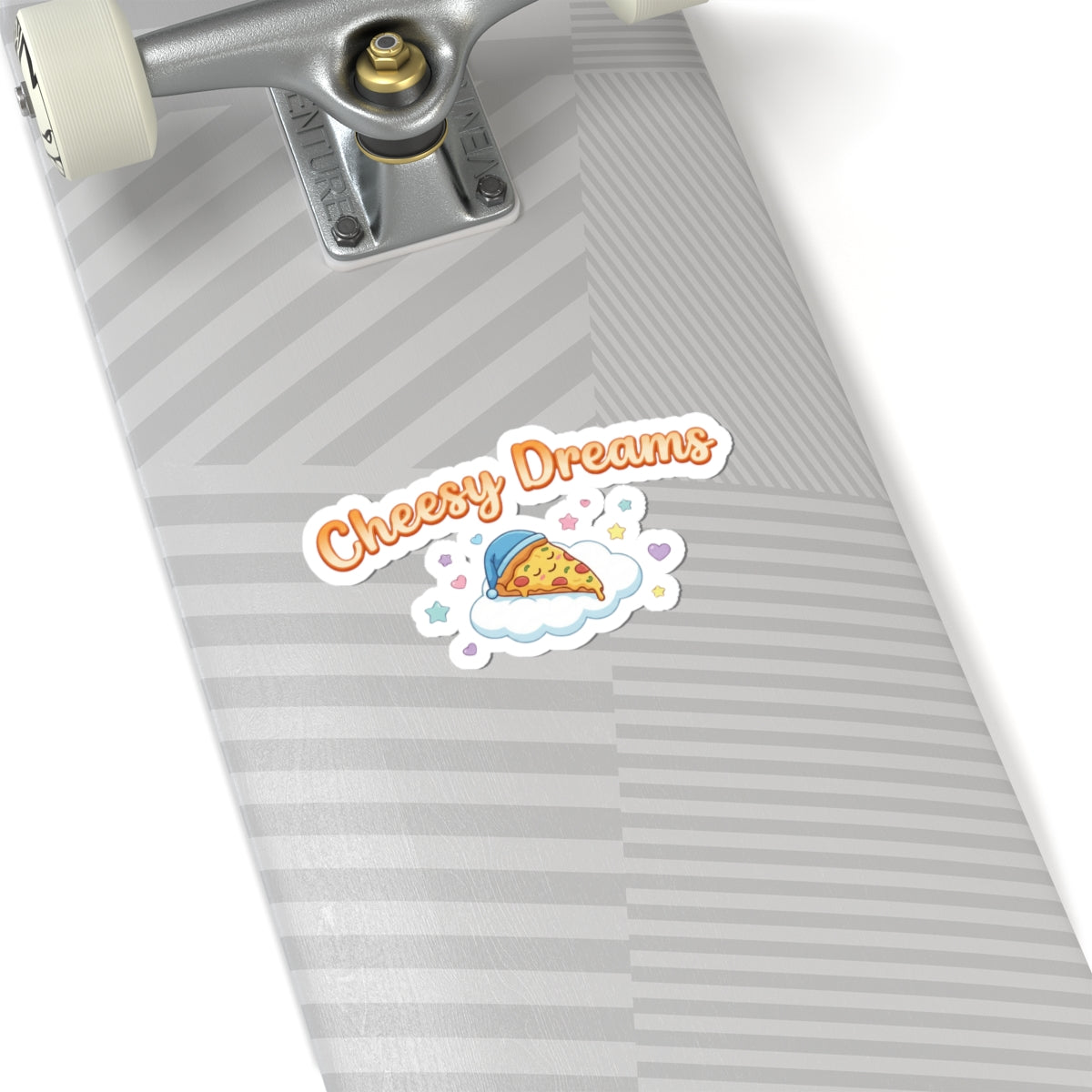 Skateboard with 'Cheery Dreams' sticker featuring a pizza on a white background