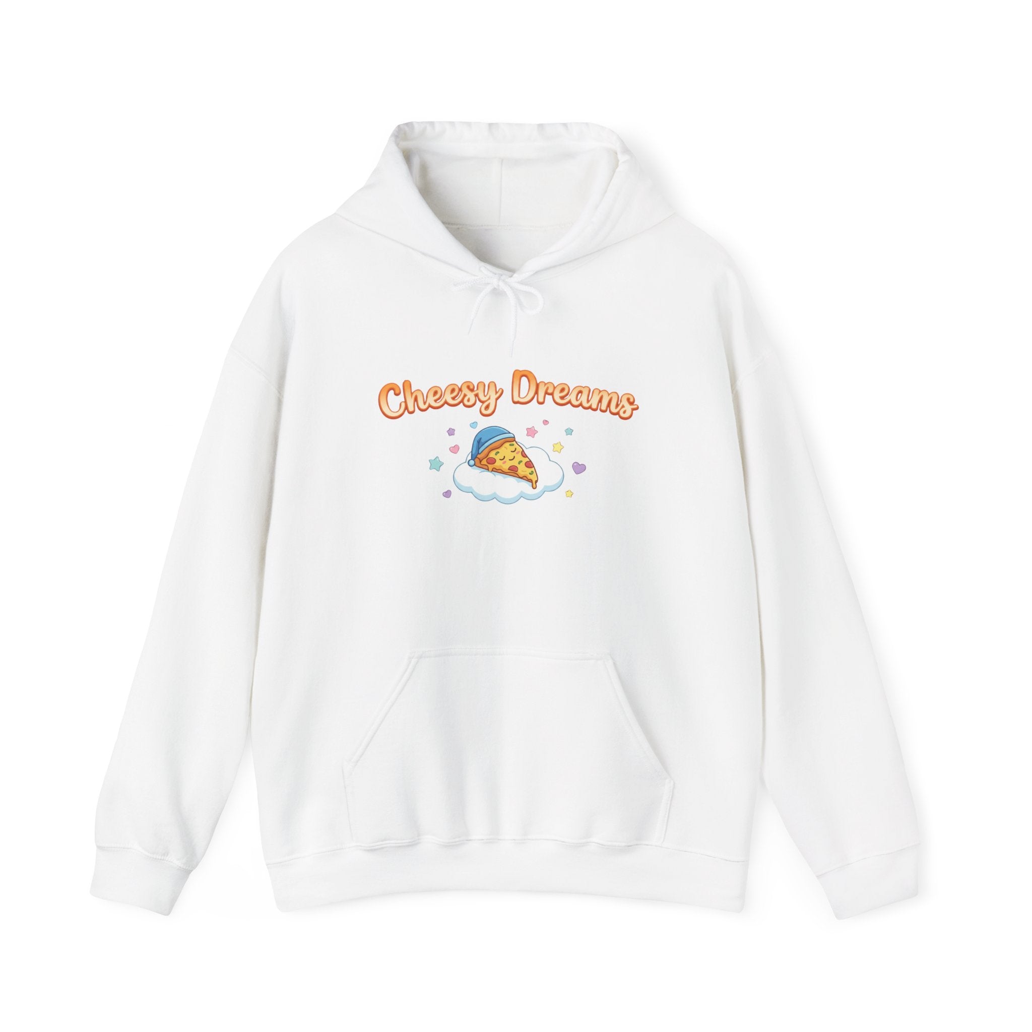White hoodie with 'Cheesy Dreams' and pizza graphic on a white background