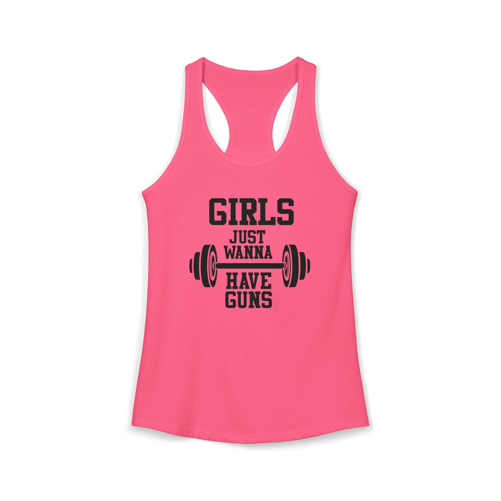 Pink tank top with black text and barbell graphic on a white background