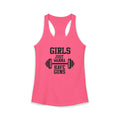 Pink tank top with black text and barbell graphic on a white background
