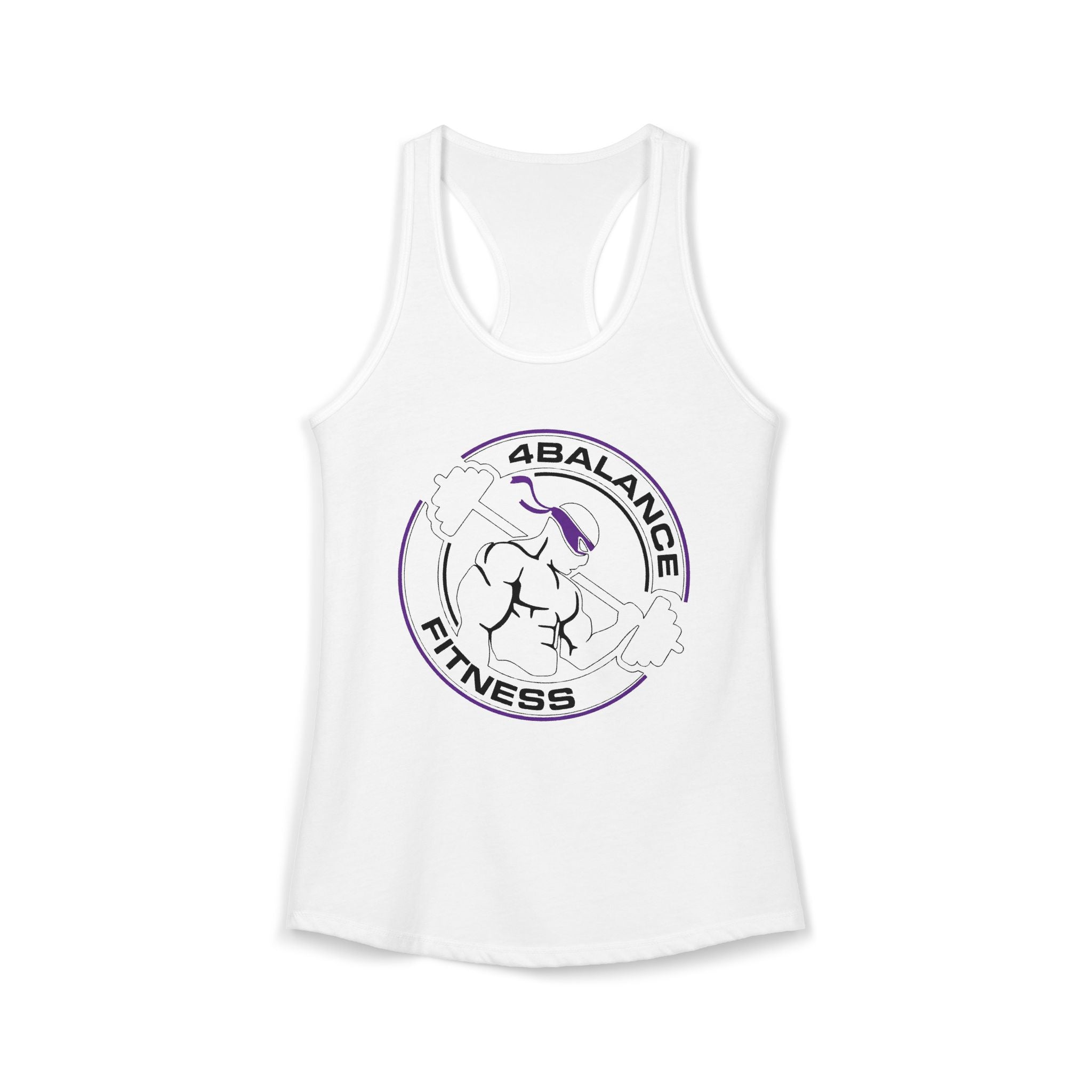 White tank top with '4 Balance Fitness' logo on a white background