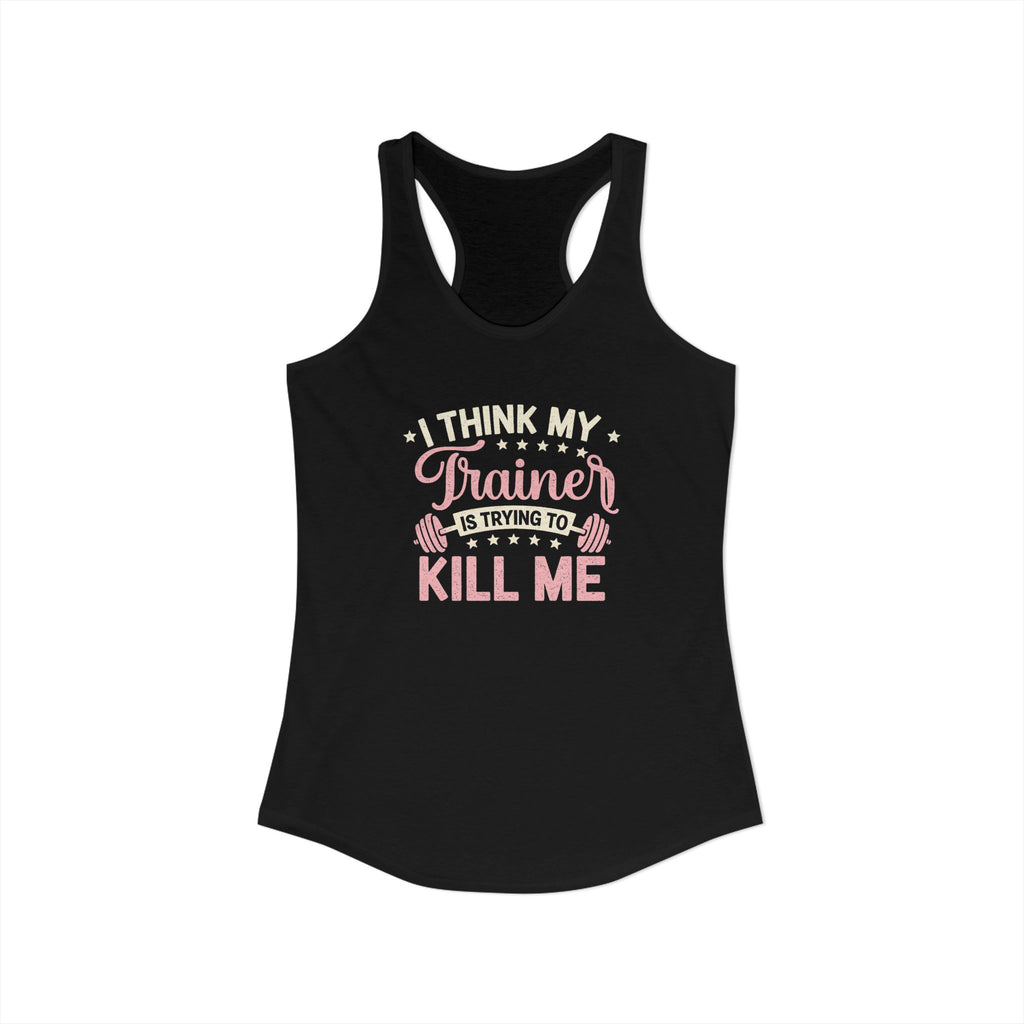 Black tank top with pink text on a white background