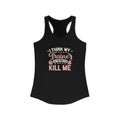 Black tank top with pink text on a white background