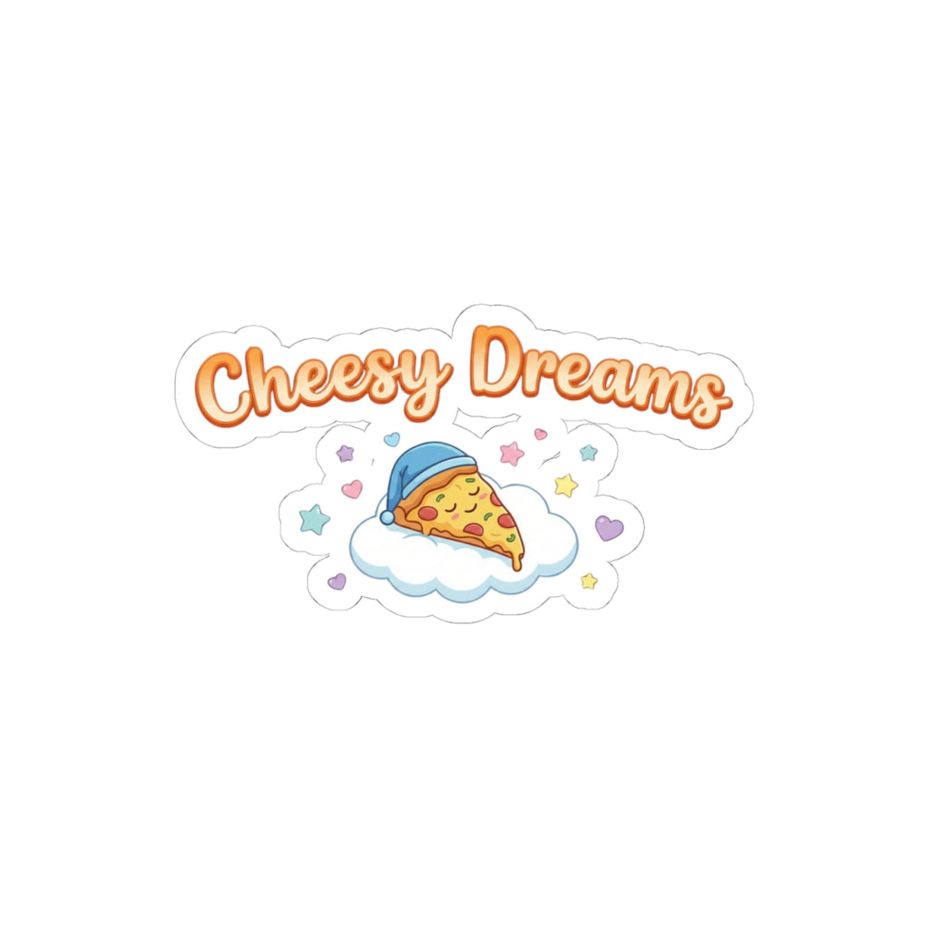 Cheesy Dreams Pizza Sticker – Cute Food Pun Vinyl Decal, Cozy Pastel Snack Humor Kiss-Cut Sticker