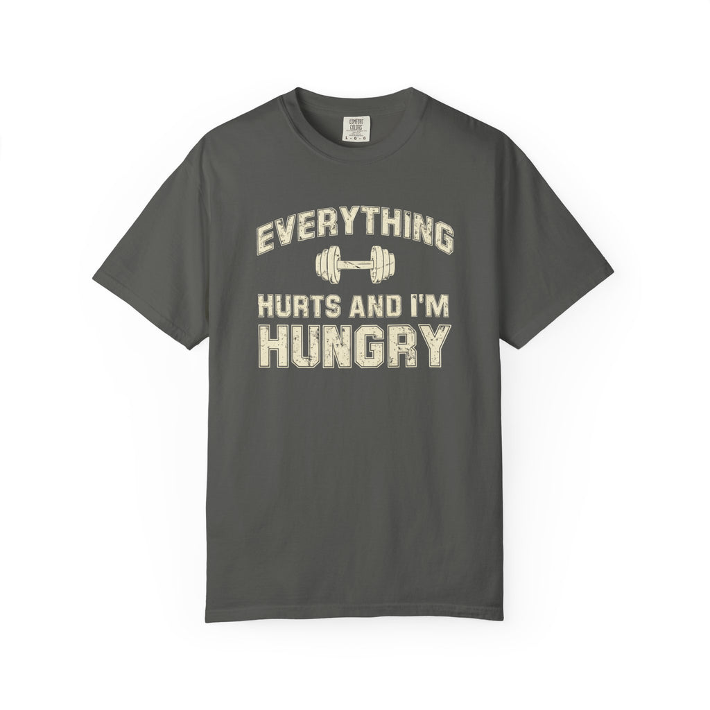 Gray t-shirt with humorous text design on a white background