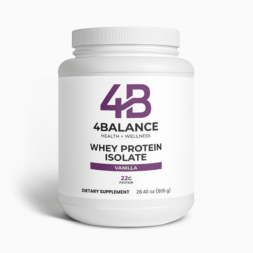 4B Balance Whey Protein Isolate container on a white background