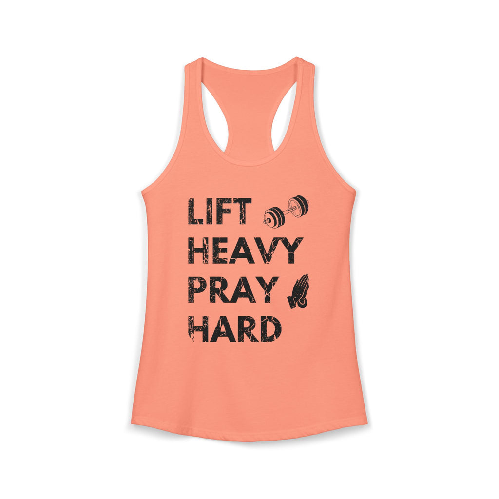 Peach tank top with 'Lift Heavy Pray Hard' text on a white background