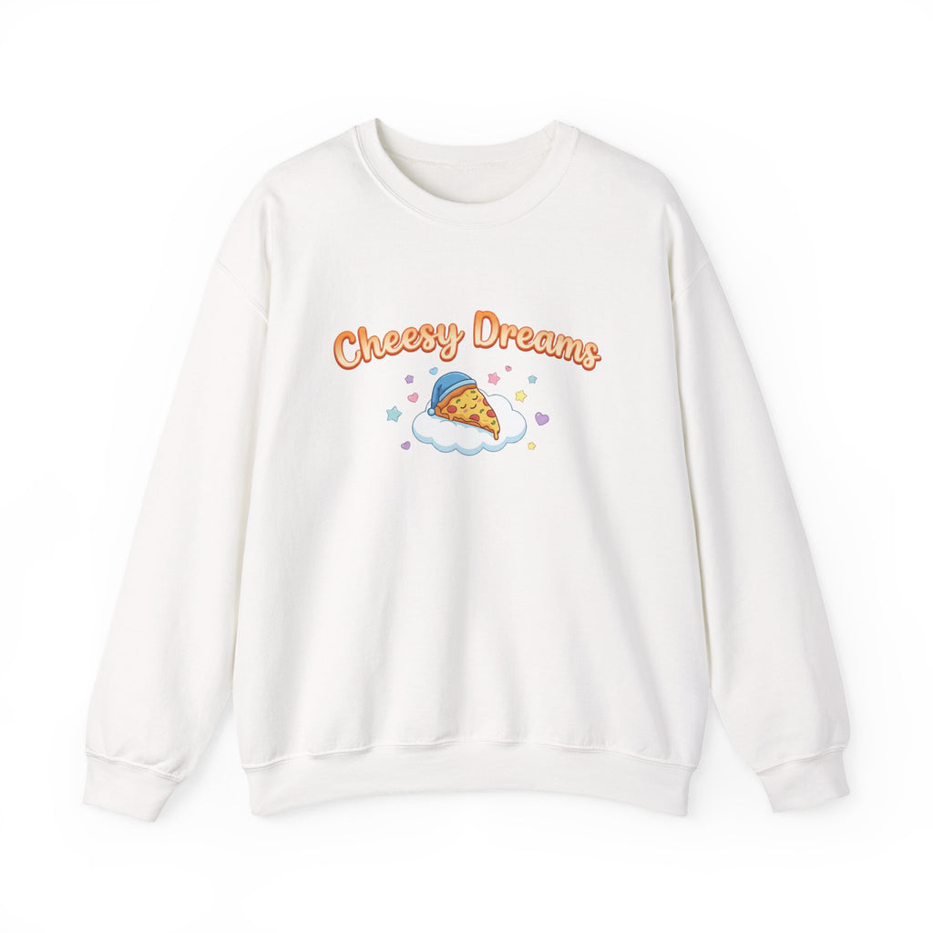 White sweatshirt with 'Cheesy Dreams' and pizza graphic on a white background