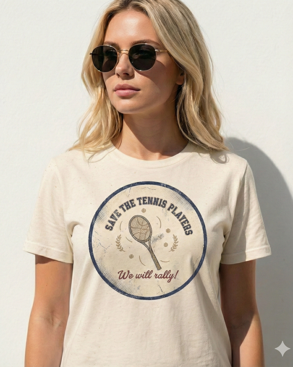 Woman wearing a t-shirt with a graphic and text on a plain background