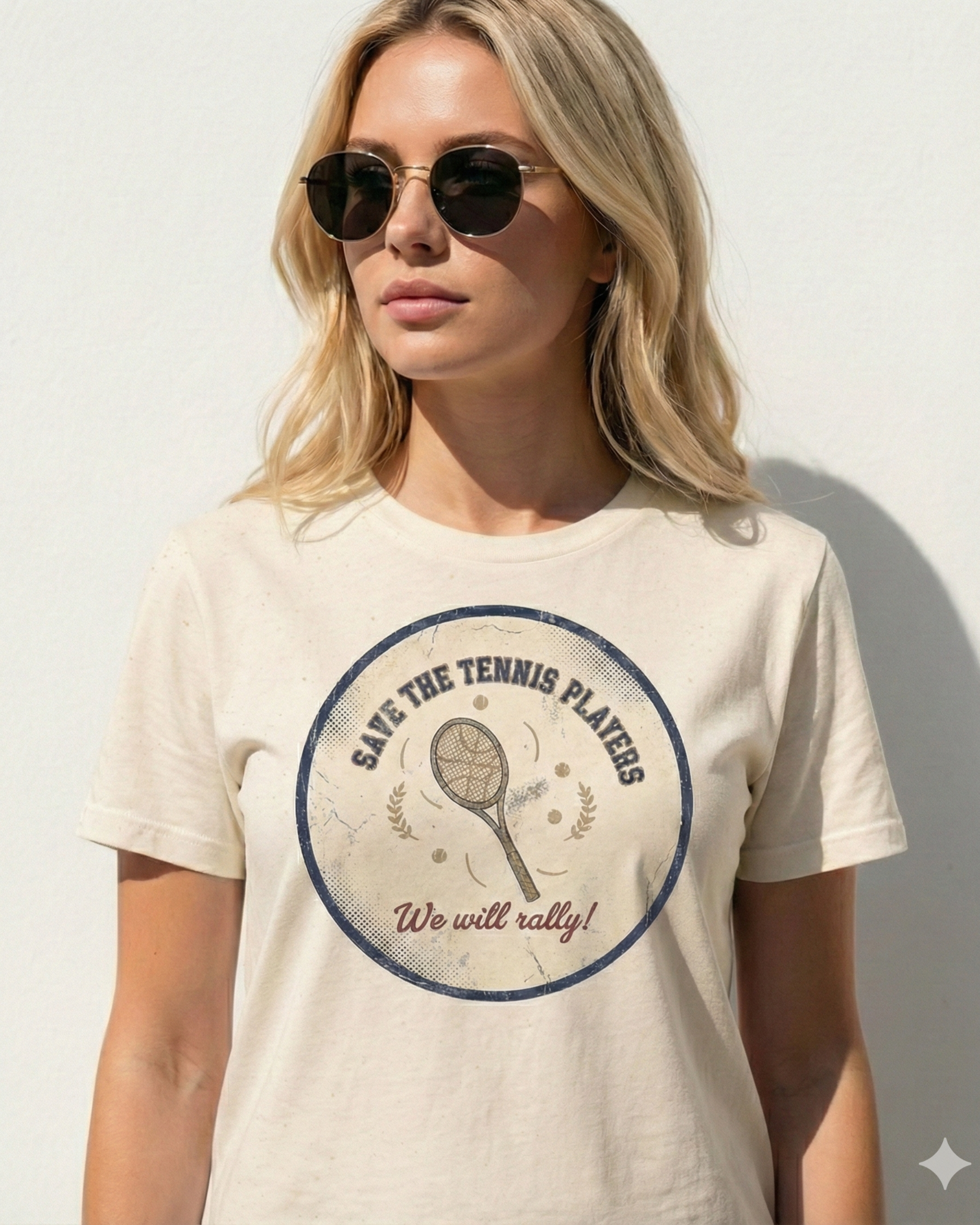 Woman wearing a t-shirt with a graphic and text on a plain background