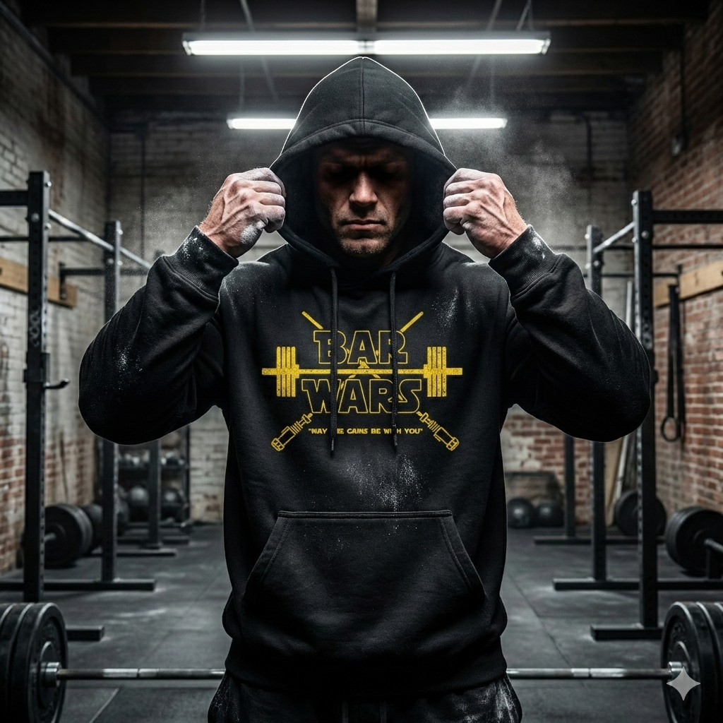 Person wearing a black hoodie with 'Bar Wars' design in a gym setting