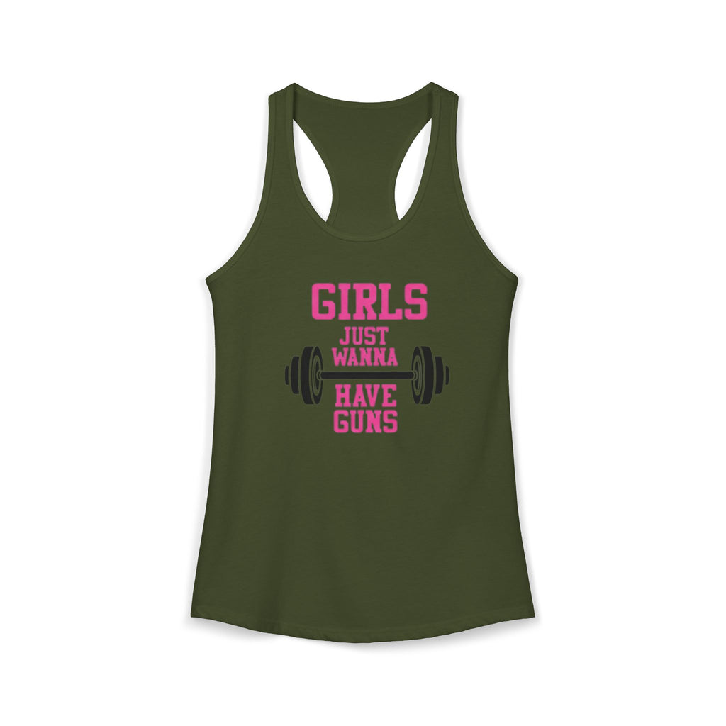 Green tank top with pink text 'GIRLS JUST WANNA HAVE GUNS' on a white background