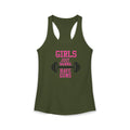 Green tank top with pink text 'GIRLS JUST WANNA HAVE GUNS' on a white background