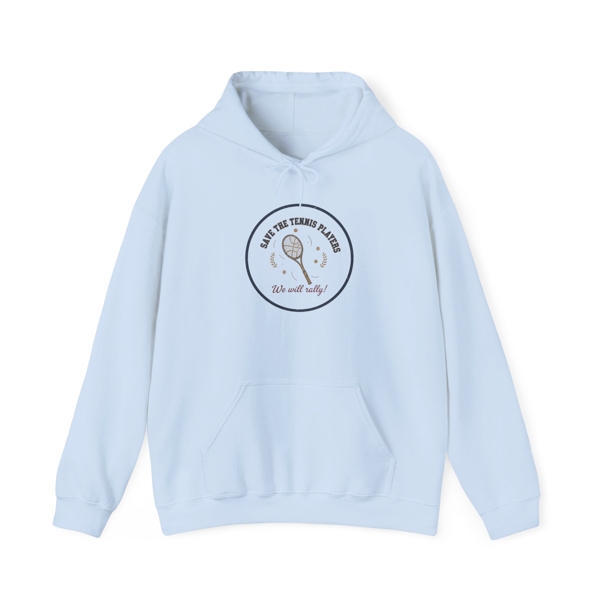 Light blue hoodie with a circular design featuring a tennis racket and text on a white background