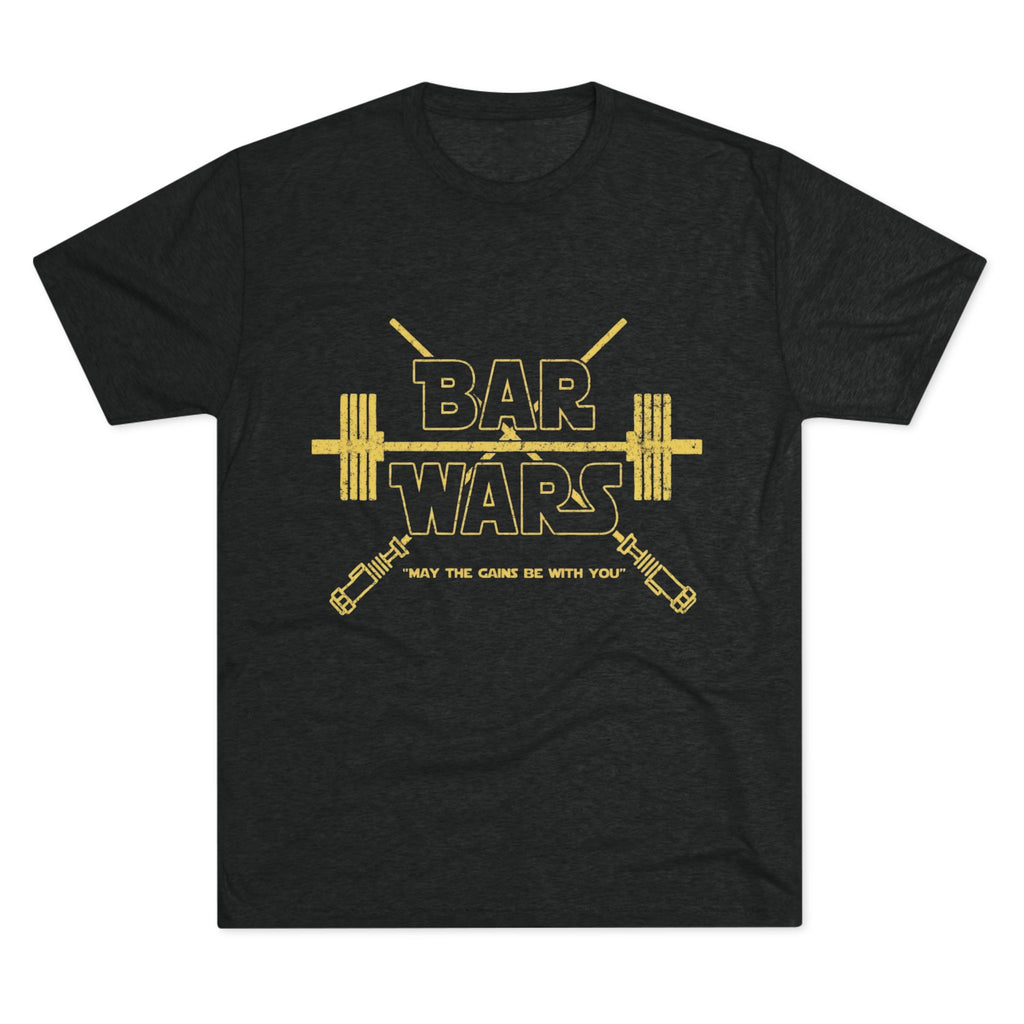 Black t-shirt with 'Bar Wars' graphic design on a white background
