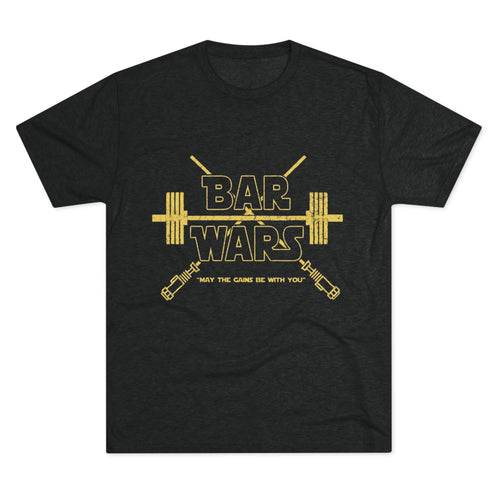 Black t-shirt with 'Bar Wars' graphic design on a white background