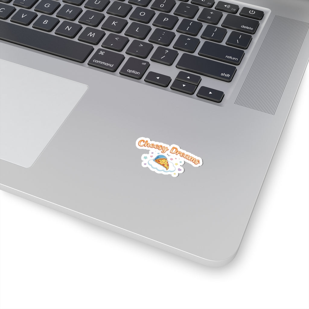 Cheesy Dreams Pizza Sticker – Cute Food Pun Vinyl Decal, Cozy Pastel Snack Humor Kiss-Cut Sticker