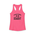 Pink tank top with text 'Everything hurts and I'm hungry' on a white background