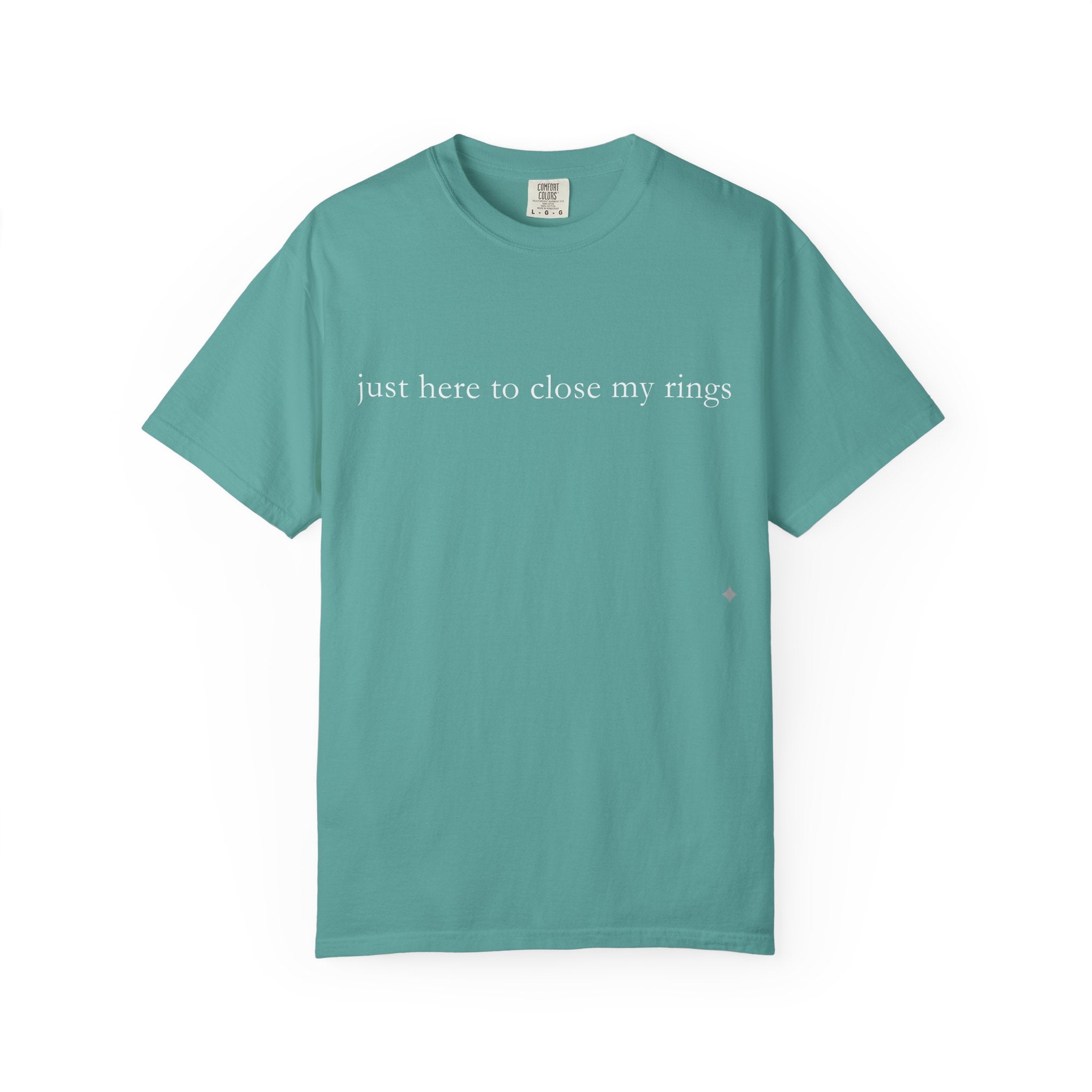 Teal t-shirt with text on a white background