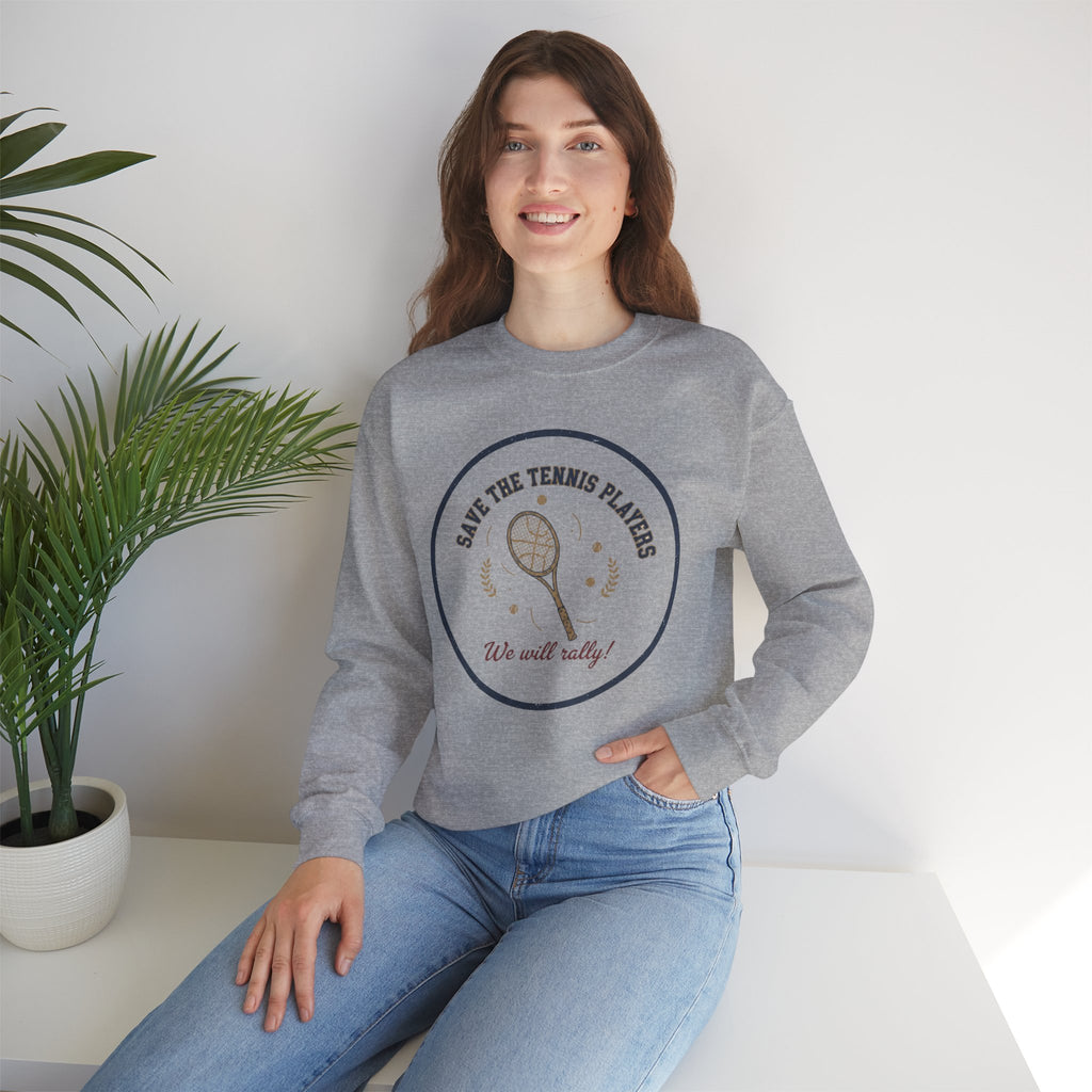 Save the Tennis Players Crewneck Sweatshirt | tennis meme apparel, racquet sport humor