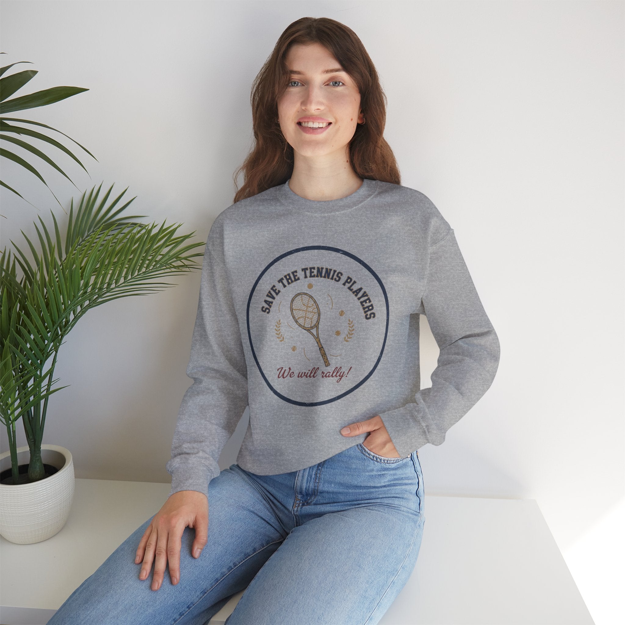 Save the Tennis Players Crewneck Sweatshirt | tennis meme apparel, racquet sport humor