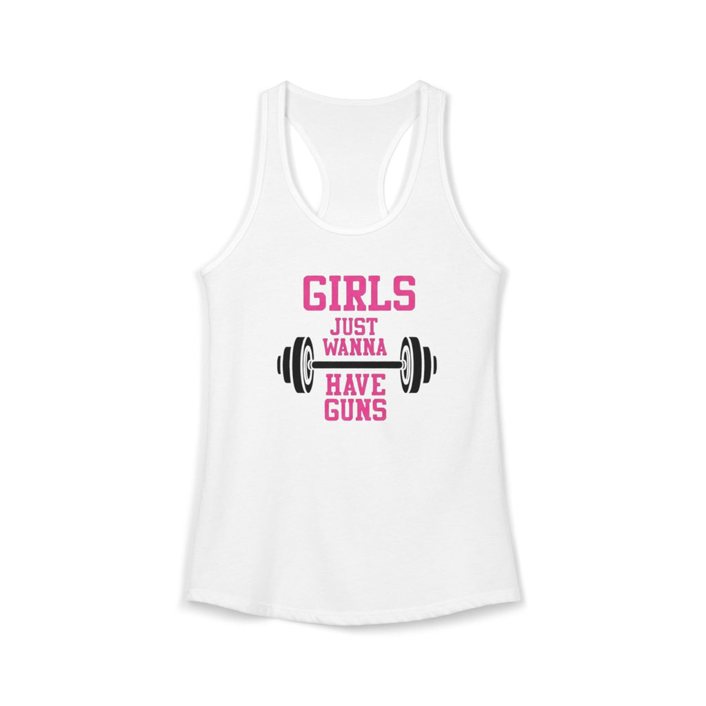 White tank top with pink text and barbell graphic on a white background