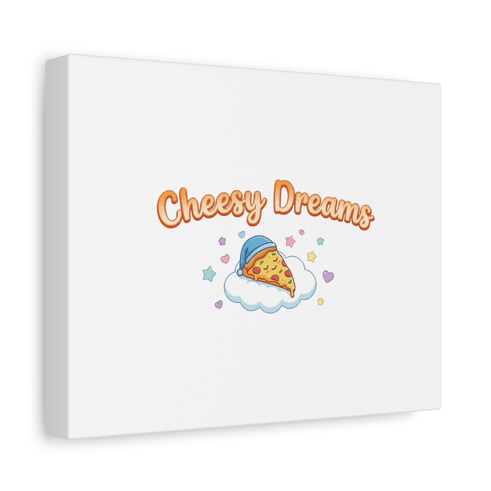 Canvas print with 'Cheesy Dreams' text and a pizza slice illustration on a white background